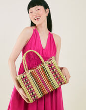 Stripe Straw Basket Bag, , large