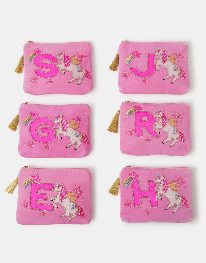 Girl Initial Unicorn Velvet Pouch, Pink (PINK), large