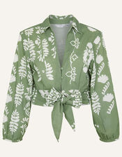 Ornamental Tie Front Shirt, Green (KHAKI), large