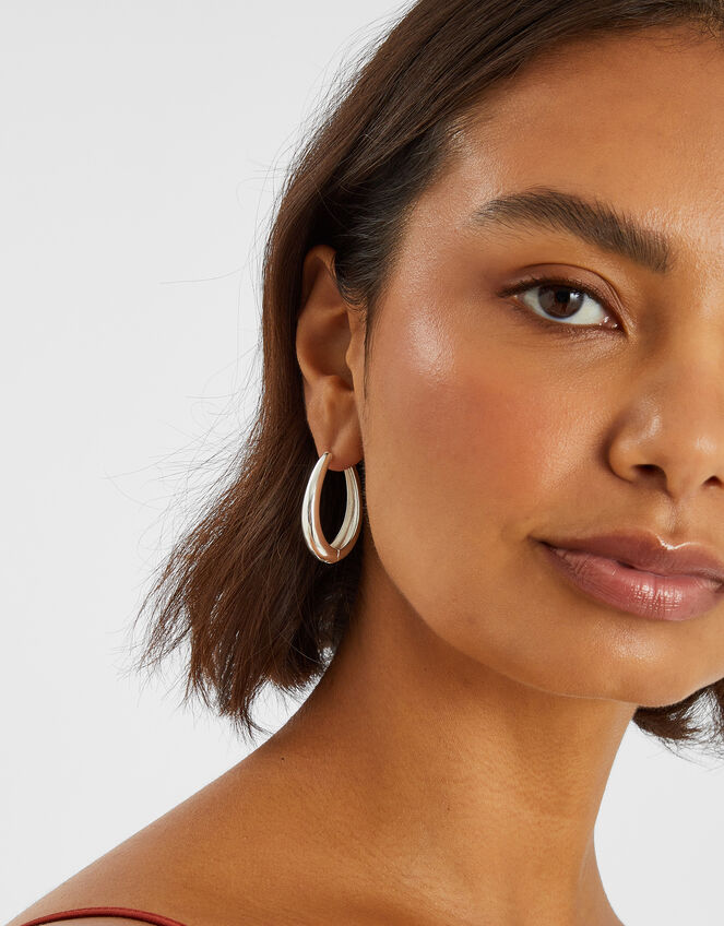 Sterling Silver-Plated Clasp Hoop Earrings, , large