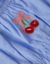 Girls Cherry Embroidered Playsuit, Blue (BLUE), large