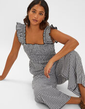 Gingham Wide Leg Jumpsuit, Black (BLACK), large