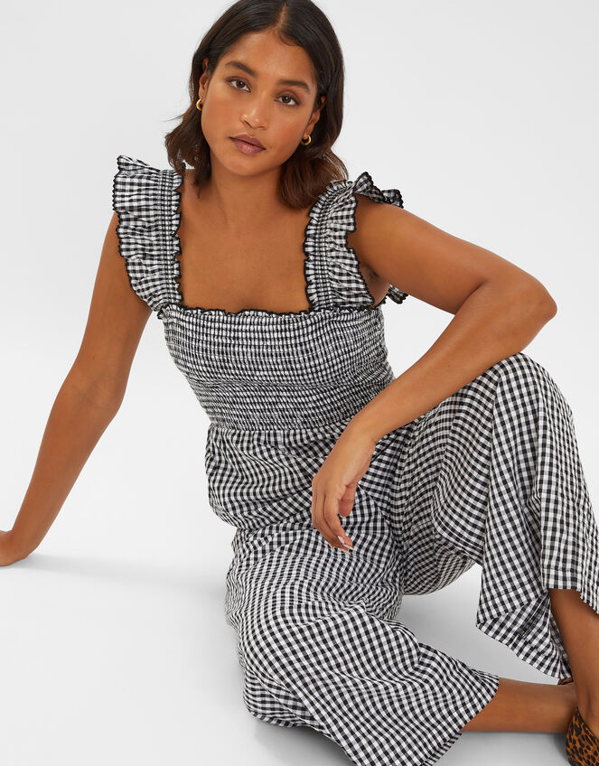 Gingham Wide Leg Jumpsuit, Black (BLACK), large