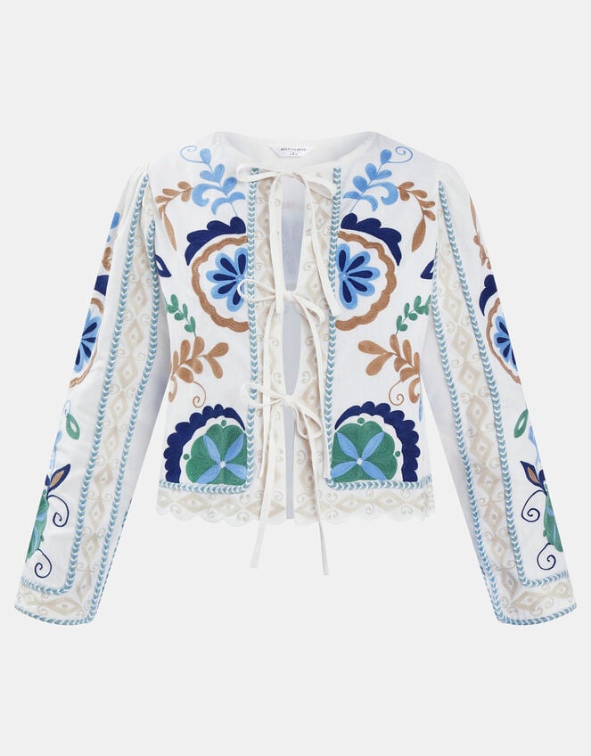 Embroidered Tie-Front Jacket, White (WHITE), large