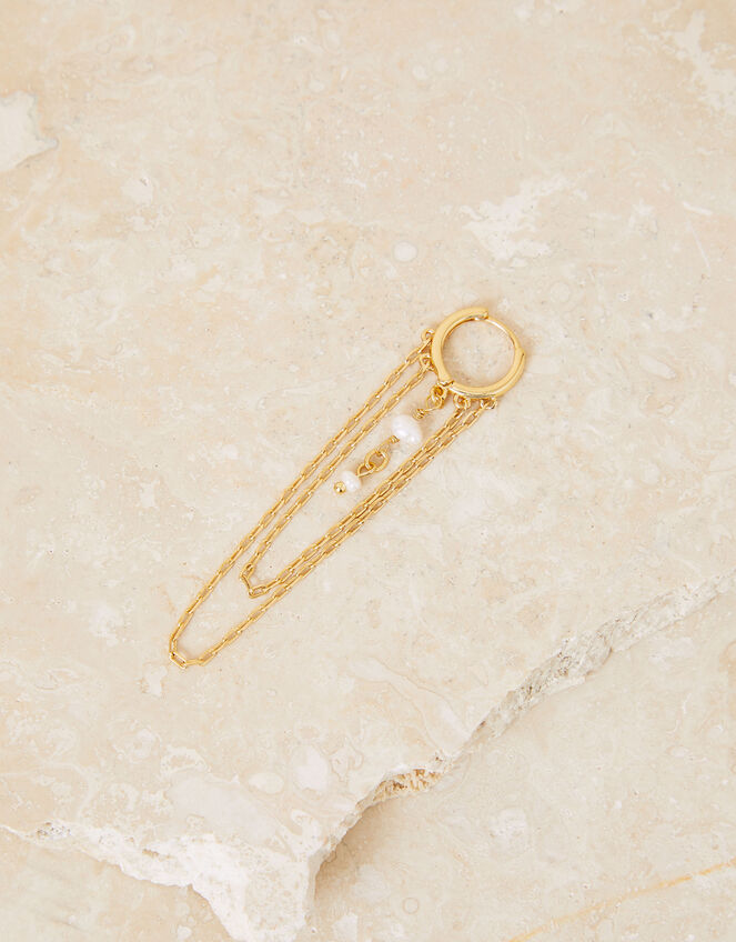 14ct Gold-Plated Single Pearl Chain Hoop Earring, , large