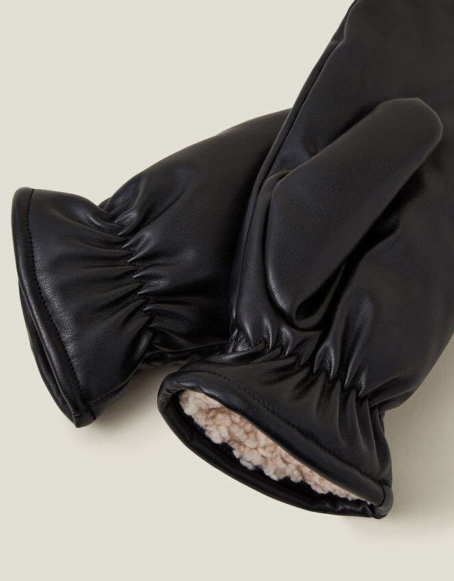 Faux Leather Borg Lined Mittens, , large