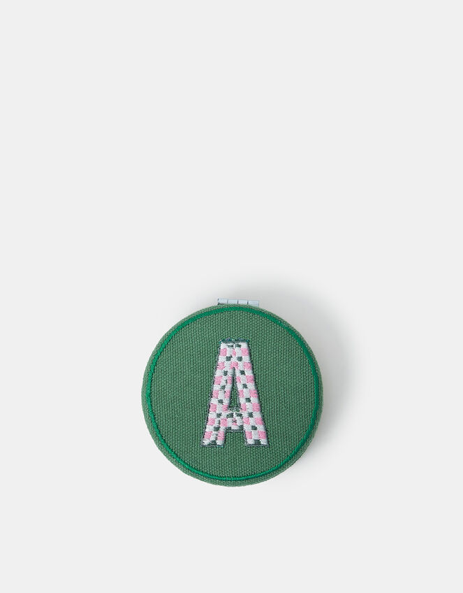 Initial Embroidered Compact Mirror, Green (GREEN), large