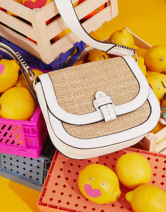 Raffia Flap Cross-Body Bag, White (WHITE), large