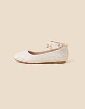 Lace and Pearl Ankle Strap Ballerina Flats, Ivory (IVORY), large
