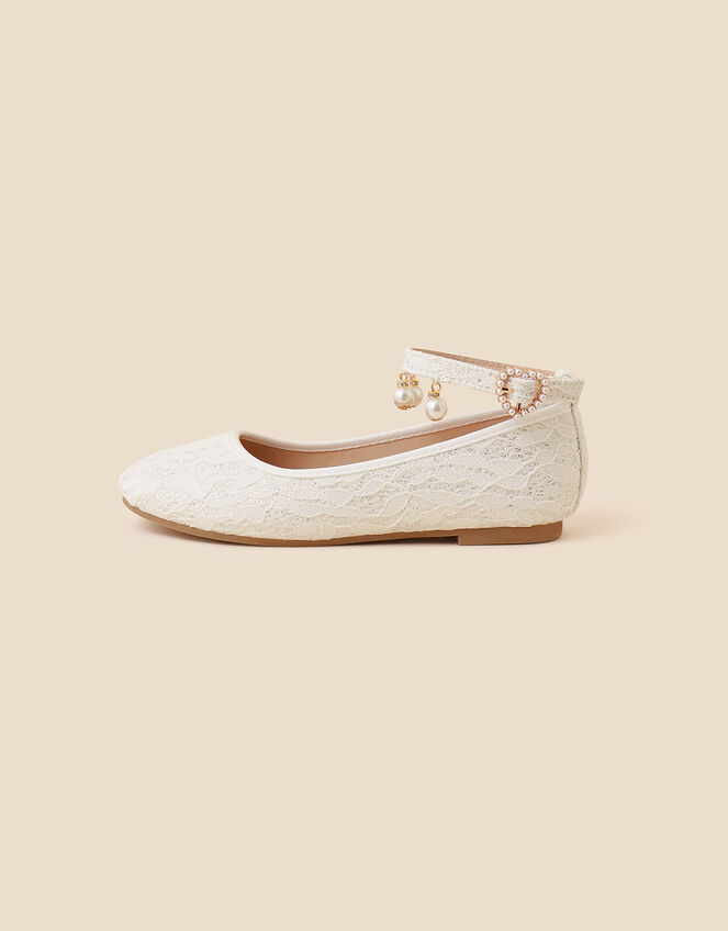Lace and Pearl Ankle Strap Ballerina Flats, Ivory (IVORY), large