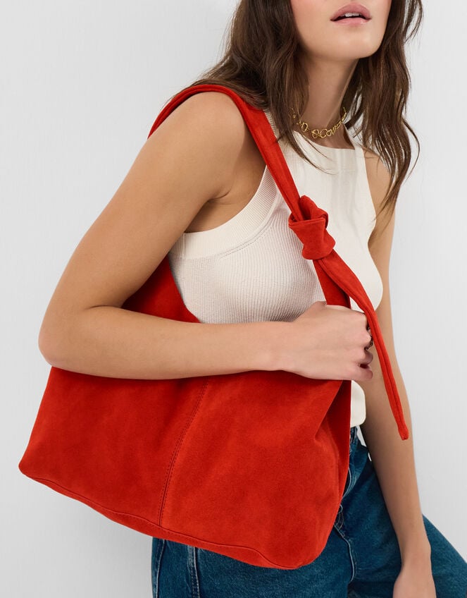 Slouchy Knot Leather Shoulder Bag, Orange (ORANGE), large