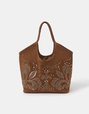 Stud Embroidered Suede Tote Bag, , large