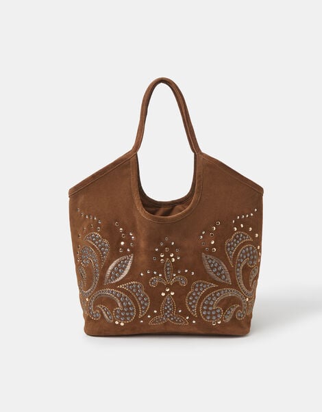 Stud Embroidered Suede Tote Bag, , large