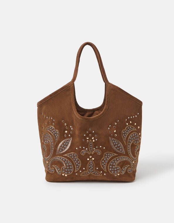 Stud Embroidered Suede Tote Bag, , large