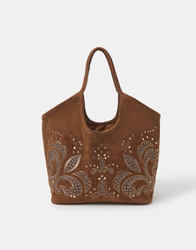 Stud Embroidered Suede Tote Bag, , large