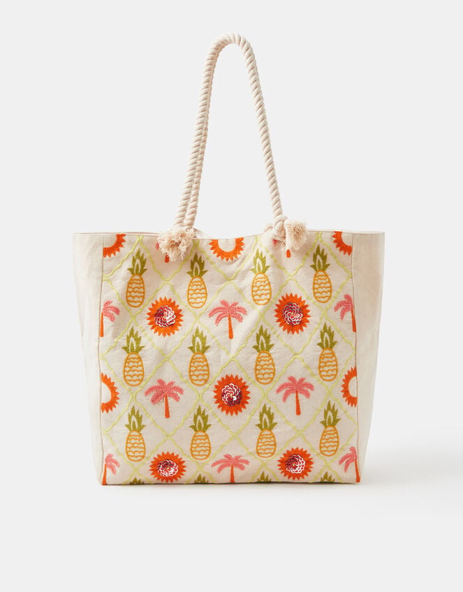 Pineapple Embroidered Beach Bag, , large