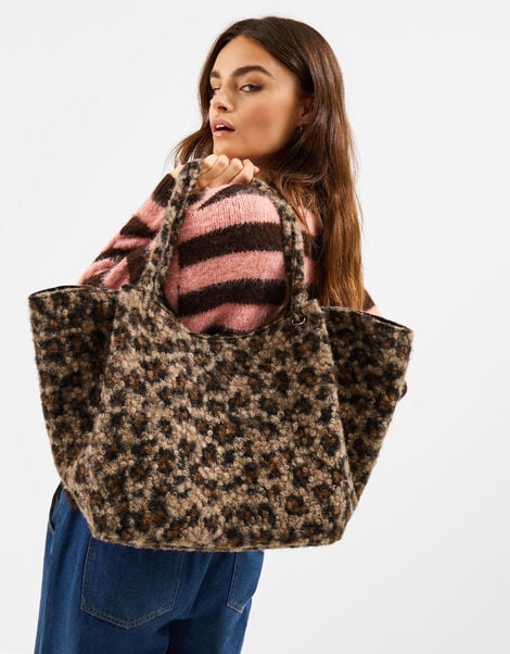 Leopard Print Teddy Shoulder Bag, , large