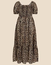 Leopard Print Shirred Puff Sleeve Dress, Brown (BROWN), large