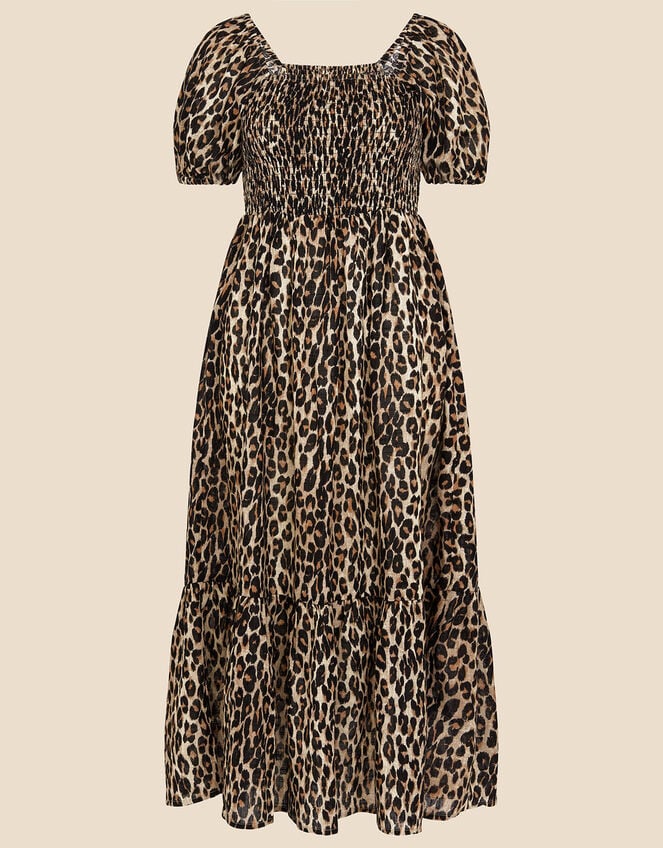 Leopard Print Shirred Puff Sleeve Dress, Brown (BROWN), large