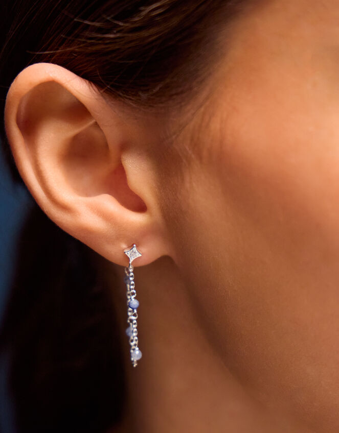 Sterling Silver-Plated Blue Quartz Chain Stud Earrings, , large
