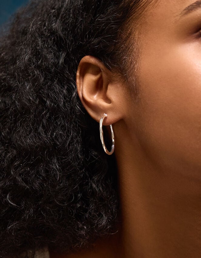 Sterling Silver-Plated Molten Hoop Earrings, , large