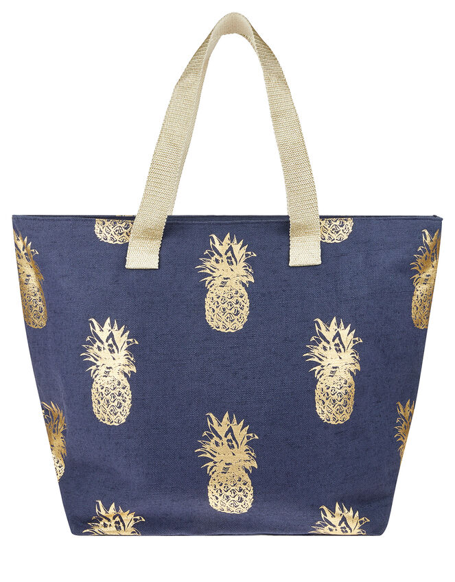 Metallic Pineapple Print Tote Bag, Blue (NAVY), large