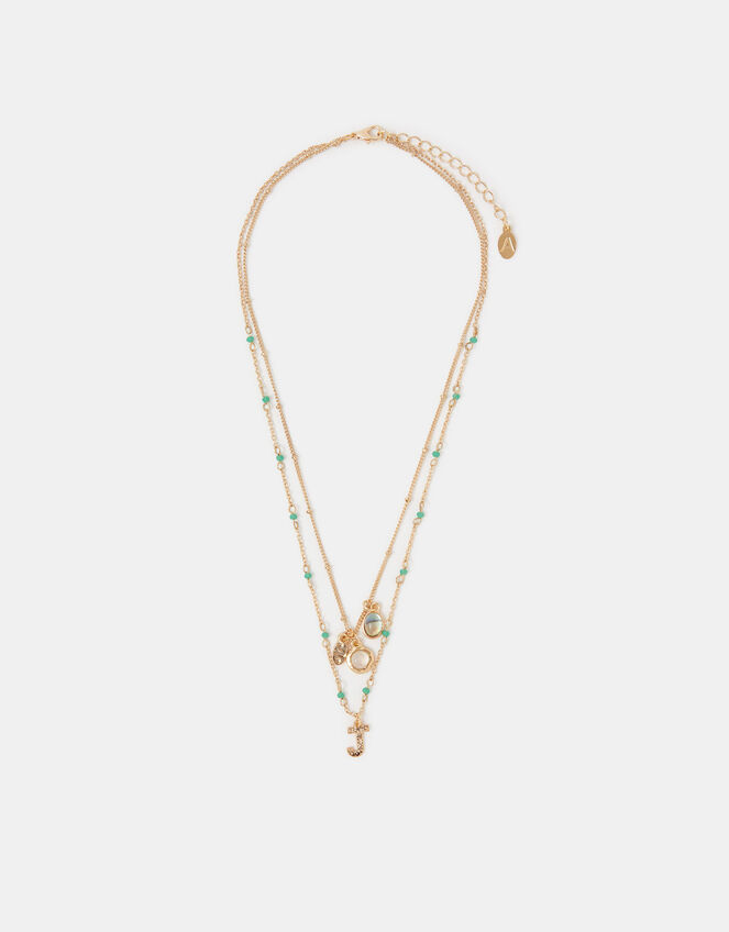 Initial Bead Layered Necklace, Green (GREEN), large