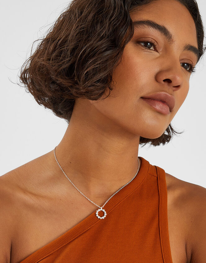 Sterling Silver-Plated Diamanté Circle Pendant Necklace, , large