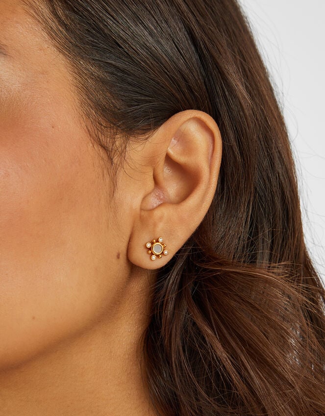 14ct Gold-Plated Diamanté Flower Stud Earrings, , large