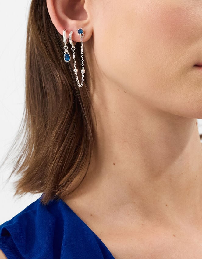 4-Pack Stone Stud & Chain Hoop Earrings, Blue (BLUE), large