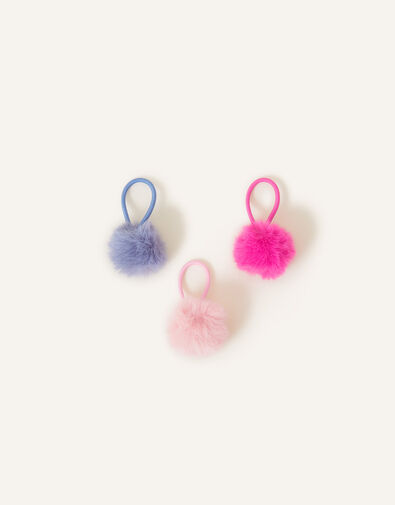 Girls Fluffy Pom Pom Hair Bands Set of Three, , large