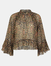 Floral Paisley Print Ruffle Blouse, Black (BLACK), large