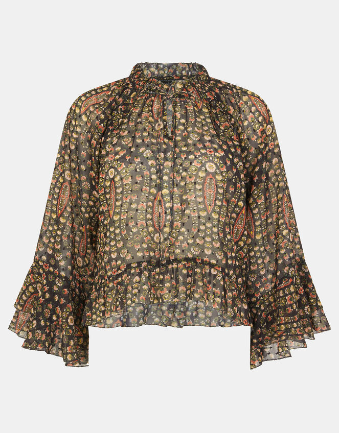 Floral Paisley Print Ruffle Blouse, Black (BLACK), large