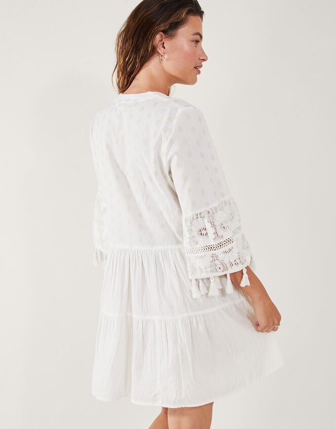 Dobby Tassel Trim Dress, White (WHITE), large