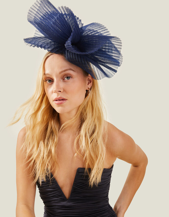 Pleated Fascinator, Blue (NAVY), large