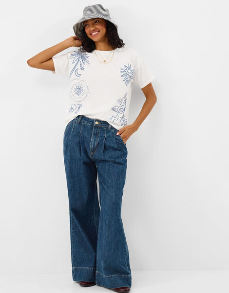 Pleat Waist Wide Leg Jeans, Blue (BLUE), large
