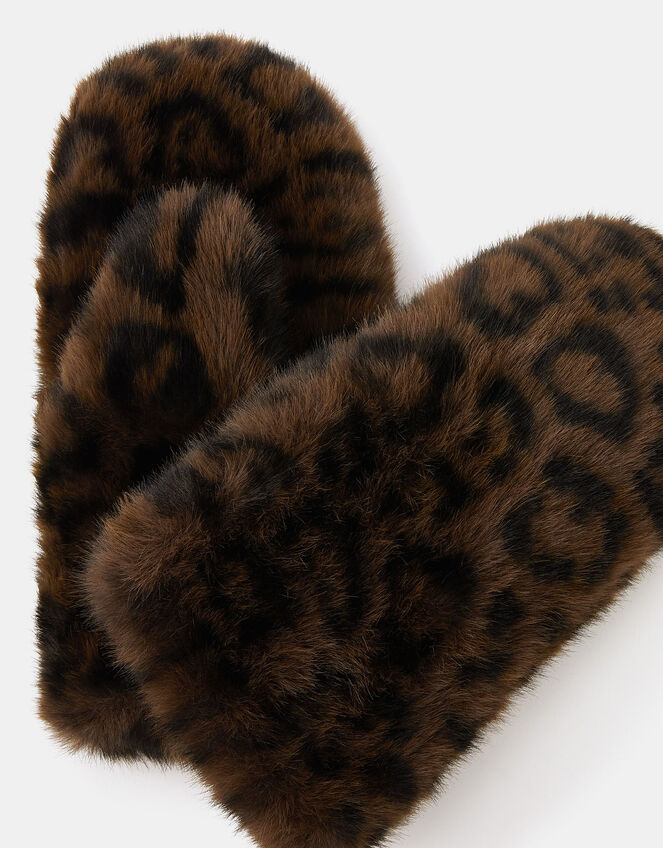 Faux Fur Leopard Print Mittens, , large