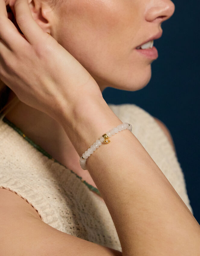 14ct Gold-Plated Healing Stone Bead Charm Bracelet, White (CRYSTAL), large