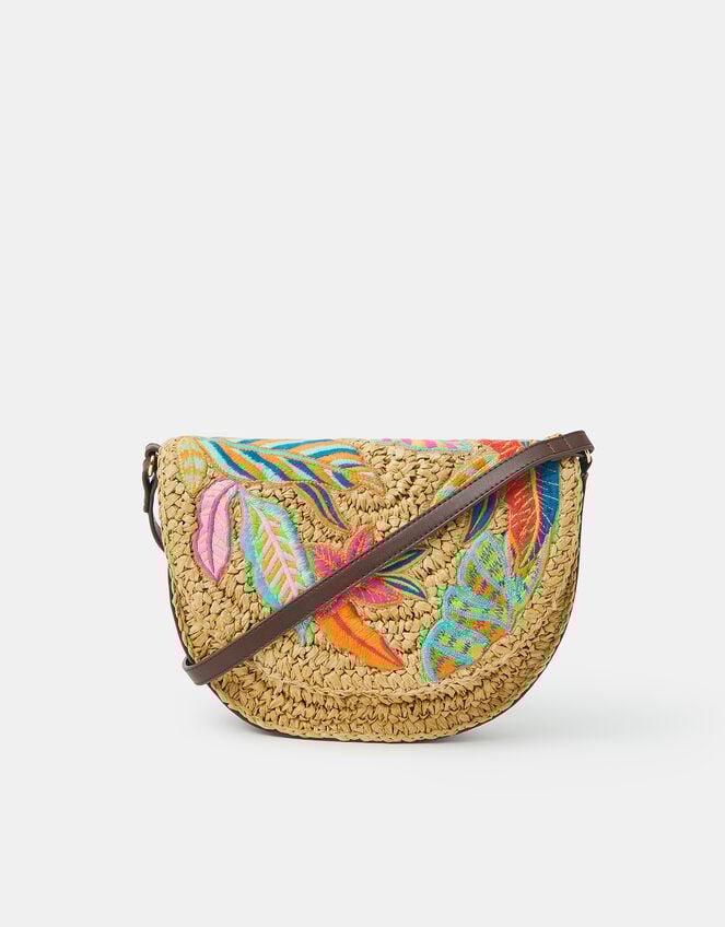 Embroidered Raffia Crossbody Bag, , large