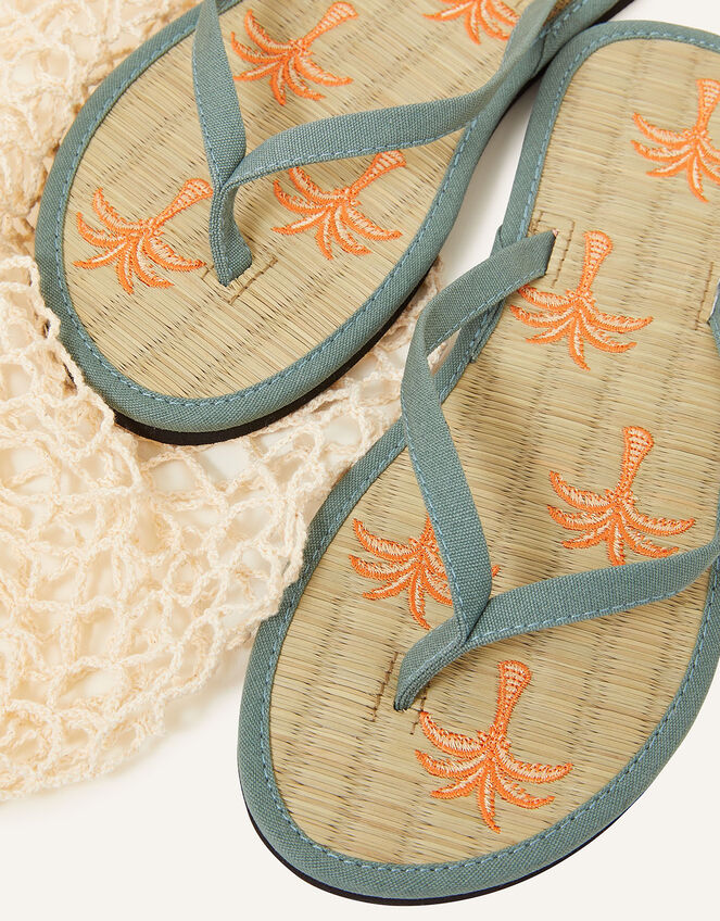 Palm Tree Embroidered Seagrass Flip Flops, Green (KHAKI), large