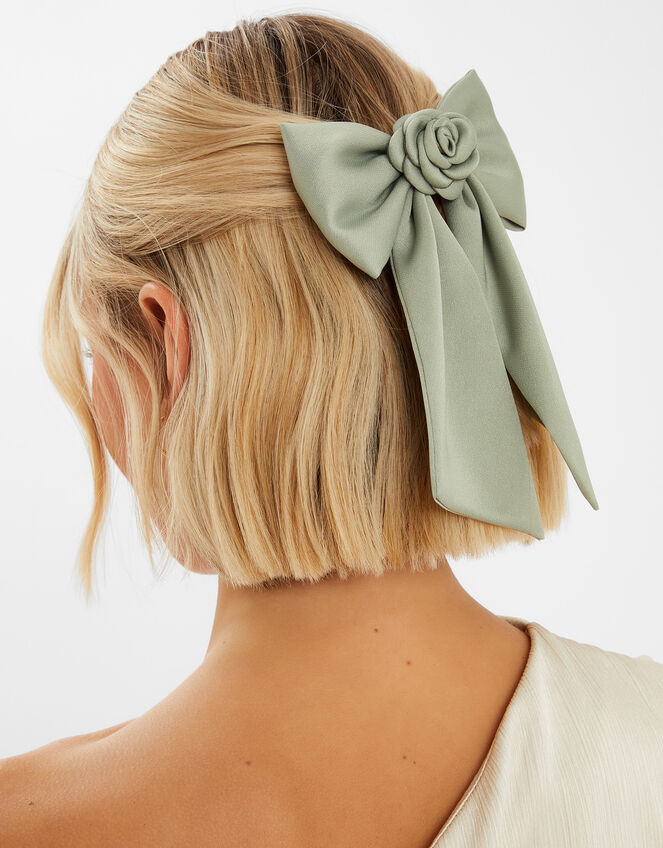Corsage Bow Barrette Hair Clip Green, , large