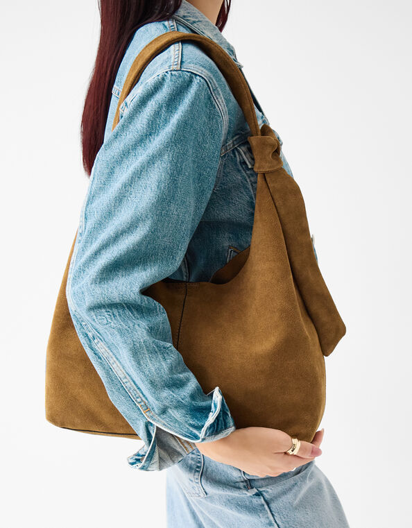 Slouchy Knot Suede Shoulder Bag, , large