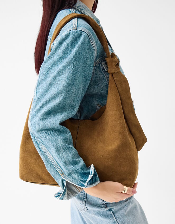 Slouchy Knot Suede Shoulder Bag, , large