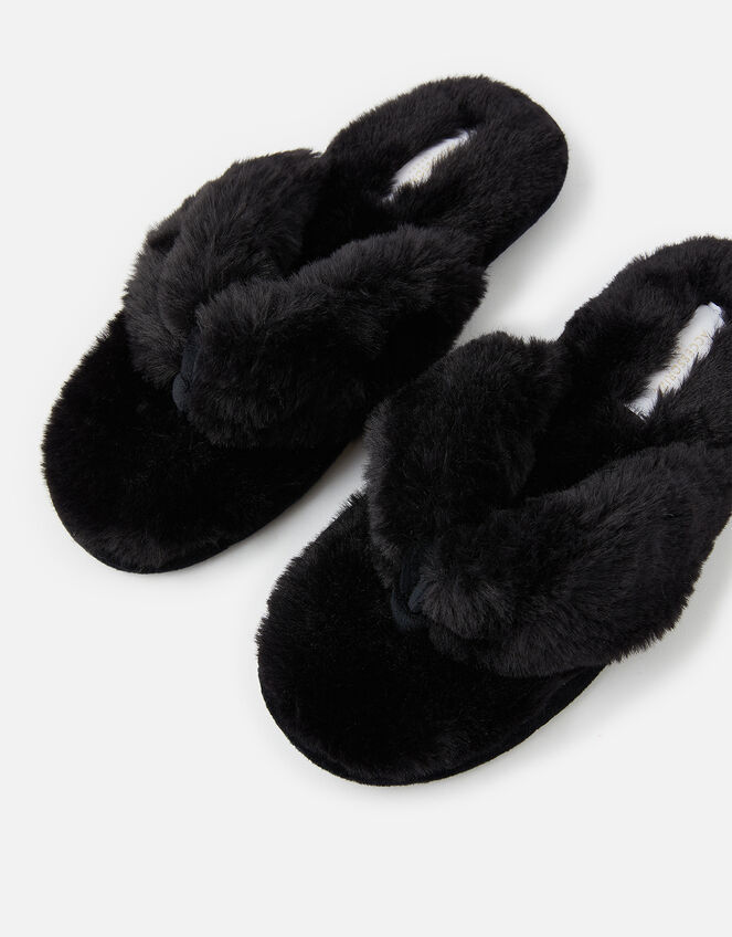 Laura Fluffy Thong Slippers, Black (BLACK), large