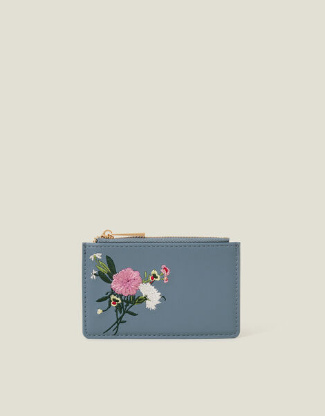 Embroidered Floral Card Holder, Blue (BLUE), large