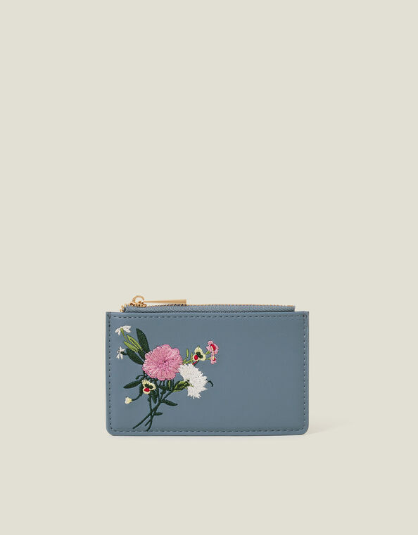 Embroidered Floral Card Holder, Blue (BLUE), large