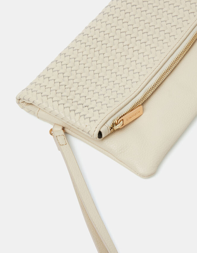 Woven Leather Clutch Bag, Cream (CREAM), large