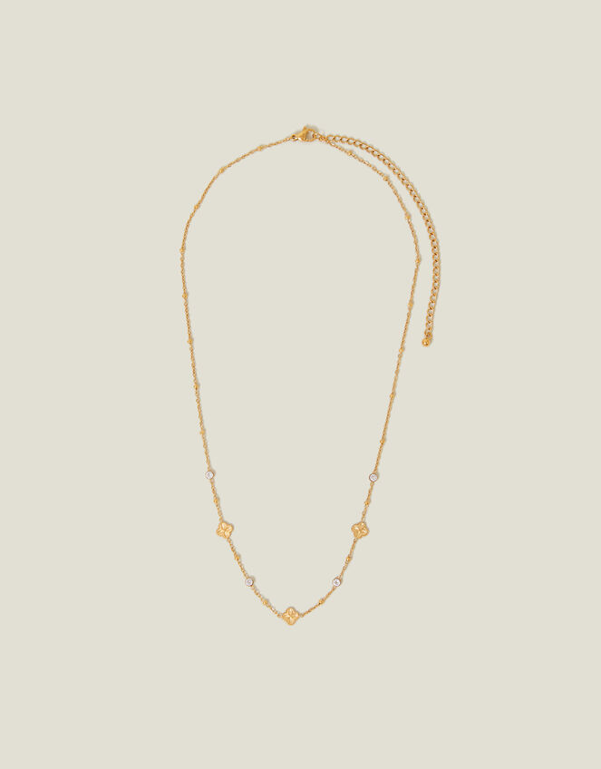 14ct Gold-Plated Stainless Steel Diamante Clover Station Necklace, , large