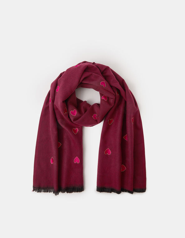 Heart Embroidered Blanket Scarf, Red (BURGUNDY), large
