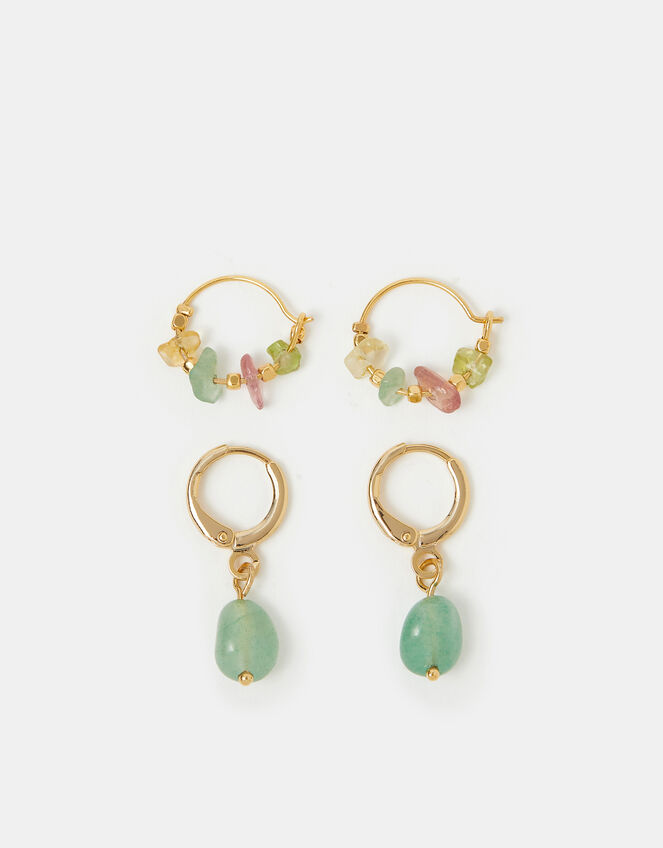 2-Pack 14ct Gold-Plated Aventurine Stone Hoop Earrings, , large